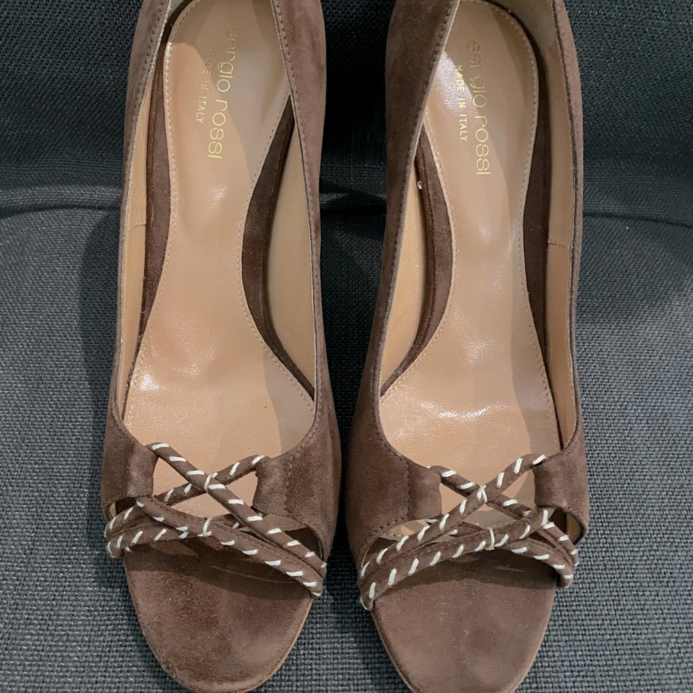 Sergio Rossi Brown Suede Peep- Toe Heels